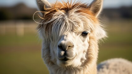 Obraz premium Close up portrait of a fluffy white alpaca with shaggy hair outdoors.