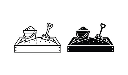 Black and white line drawing of two sandbox scenes with bowls and shovels © rsvect02
