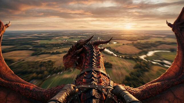 Experience the thrill of riding a dragon through a stunning sunset landscape with a sense of freedom and adventure