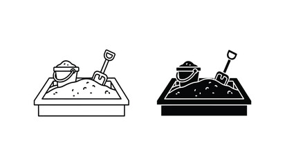 Black and white line art illustrations of sandboxes with tools and buckets
