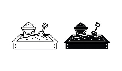 Black and white illustration of two sandbox scenes with bowls and shovels on a clean © rsvect02