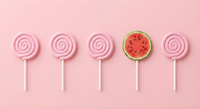 Watermelon Lollipop Among Spiral Candy on Pink Background