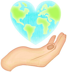 Watercolor Hand Holding Heart Shaped World Map Earth Day Concept