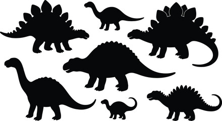 Black Dinosaur Silhouettes Set Including Stegosaurus and Brachiosaurus Isolated on White Background for Prehistoric Wildlife Vector Design, Educational Graphics, and Creative Jurassic Period Projects © Dhanu's World