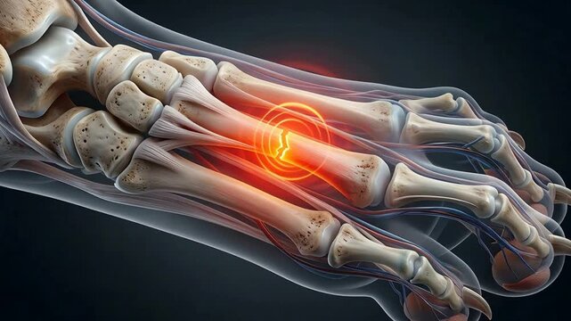 Close up view of human foot bones showing a fracture in the metatarsal bone with bright red inflammation and pain indicators on a dark background