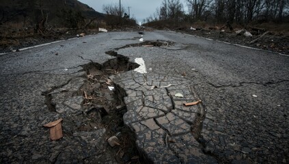 The earthquake caused the improperly built paved road to crack