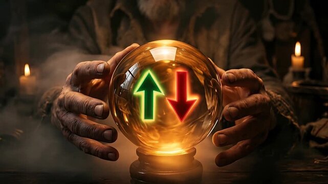 Mysterious Fortune Teller Gazing Into Glowing Crystal Ball Showing Up and Down Arrows Symbolizing Market Prediction and Financial Forecasting With