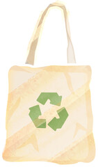 Watercolor Textured Illustration of Canvas Tote Bag with Recycle Symbol