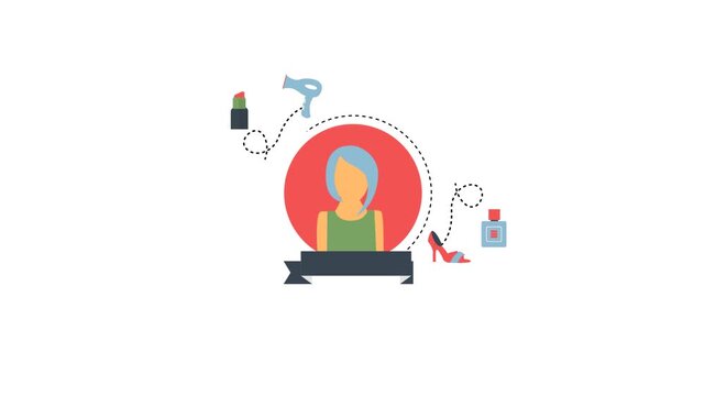Animated illustration featuring a stylish woman surrounded by beauty and fashion accessories in a flat design