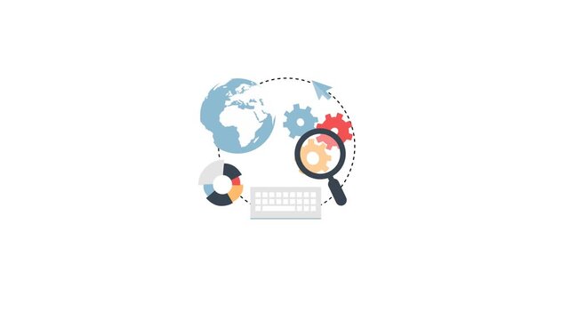 Animated illustration depicting global search data analytics information technology analysis