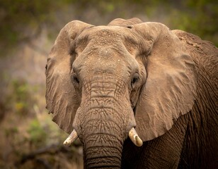 A close-up portrait of a majestic African elephant staring directly forward
