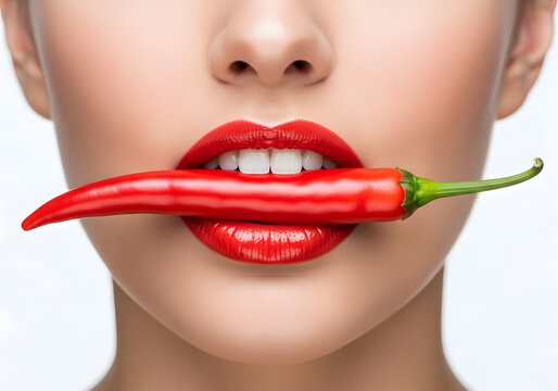 Woman with red lipstick holding a red chili pepper between her teeth isolated on white background