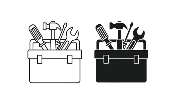 Two toolboxes filled with various tools in black and white line art