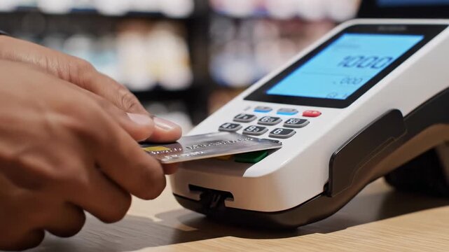 Person making a contactless payment with a credit card at a retail store.