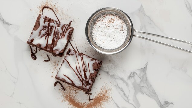 Three brownies with icing sugar on a marble surface, viewed from above