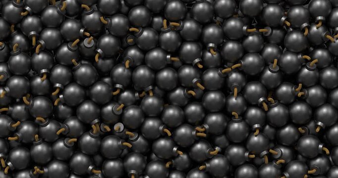 Playful 3D cartoon bomb objects cascade across the screen to create a bold transition effect. Ideal for fun edits, motion graphics, and dynamic scene changes. Transparent background.