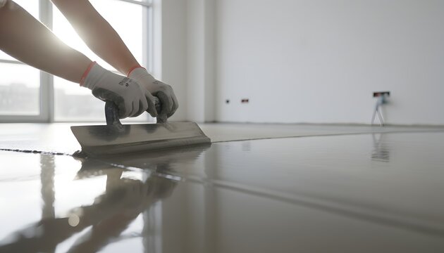 Man pouring self-leveling compound for a new floor with a trowel, emphasizing the modern home renovation concept and careful repair