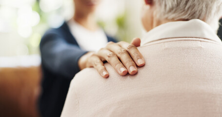 Hands, person and support senior friend in home for diagnosis news, understanding and empathy....