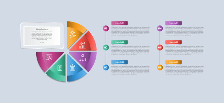 6 points infographic with glossy gradient style with big circle pie chart on left side with vertical timeline point list with six segment information