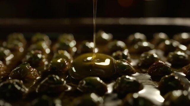 Dripping viscous liquid onto rows of small, dark, olive-shaped foods on a dark tray