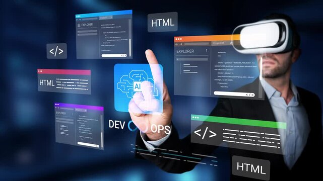 Professional man wearing virtual reality headset interacts with digital screens displaying coding and technology elements for innovation and development purposes Gluon.