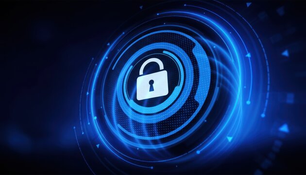 Digital lock icon with concentric circles and digital effects.