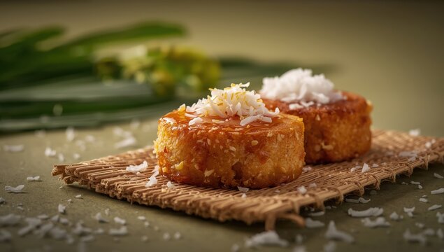 Traditional Indonesian cassava cakes, known as gethuk lindri, topped with shredded coconut