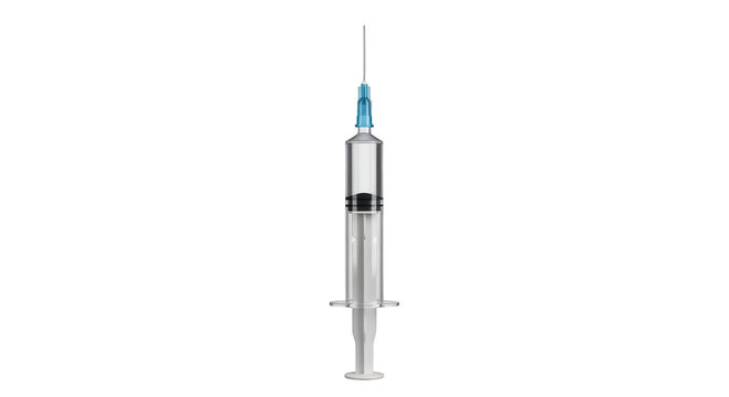 Medical syringe with blue needle cap isolated on transparent background