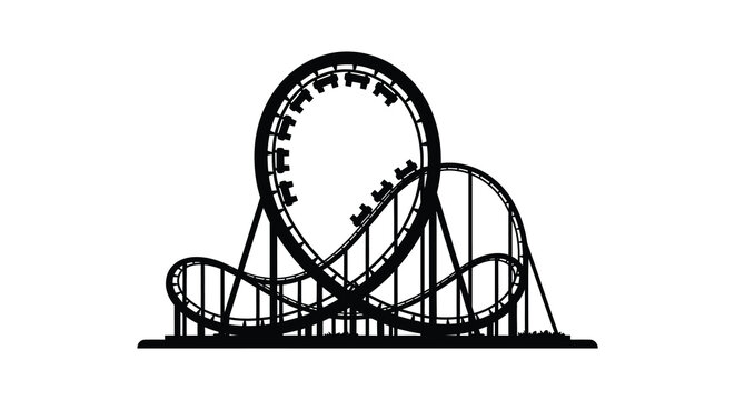 A striking black outline depicts a thrilling rollercoaster ride showcasing dynamic curves and loops silhouette high quality professional