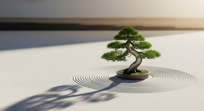 Serene miniature bonsai tree casting delicate shadow on smooth surface. banzai tree