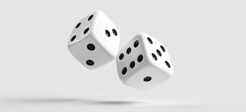 Two white dice are suspended mid-air against a blurred light gray background