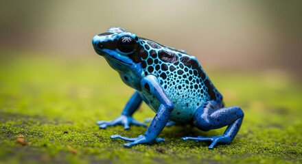Obraz premium Vibrant blue poison dart frog on a green mossy surface with blurred background