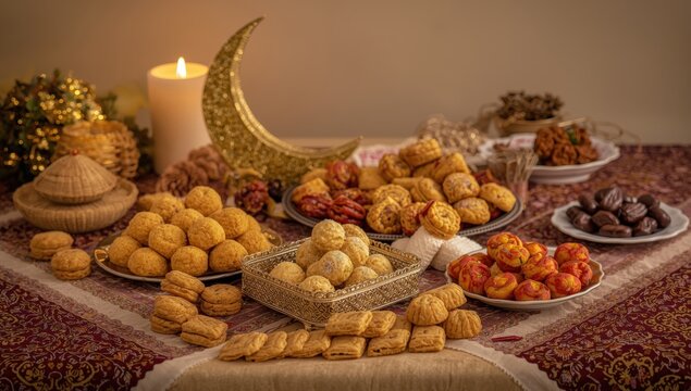 Varied semolina cookies, awameh, or lokma with Ramadan crescent moon decorations. Classic Arabic sweets for Eid al-Adha, Eid al-Fitr, and Ramadan