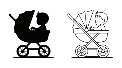 An adorable illustration of a baby comfortably sitting in a classic stroller, ready for an outing.