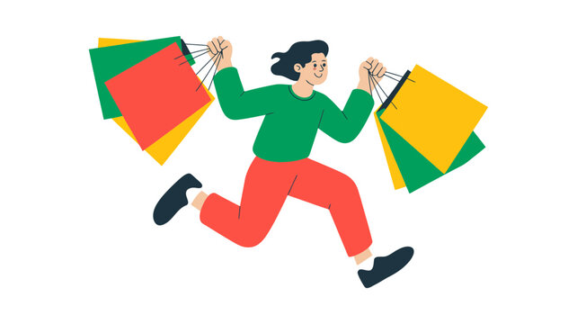 A cheerful individual enthusiastically running with an armful of colorful shopping bags.