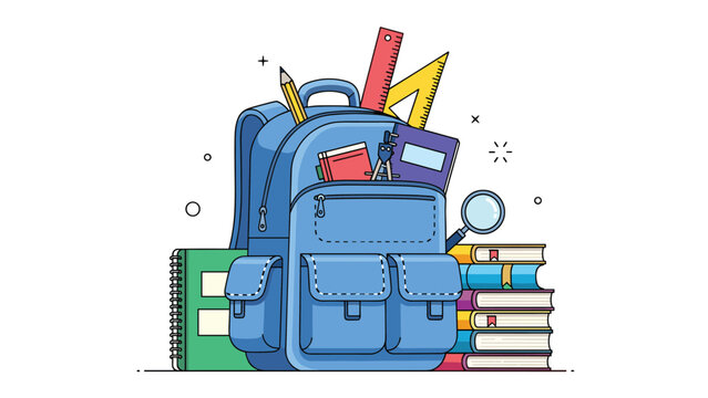 Blue school backpack filled with essential supplies such as notebooks rulers pencils and a magnifying glass next to a stack of books.