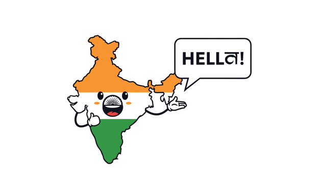 Cheerful India map character featuring the national flag colors and Ashoka Chakra saying hello with a speech bubble on white background.
