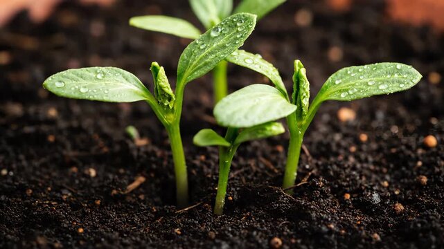 Emergence: New life bursts forth from the earth, as tender seedlings emerge, their delicate green leaves glistening with morning dew.