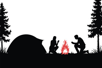 Silhouette of campers near a glowing campfire and tent outdoors © tarek