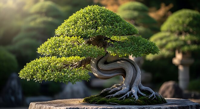 Graceful bonsai tree with elegant twisted trunk and lush green foliage. banzai tree