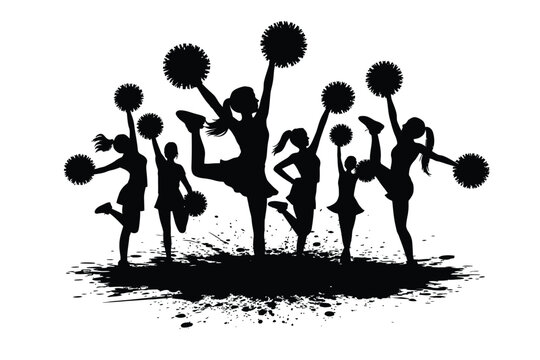 A dynamic silhouette of cheerleaders performing with pom poms in motion