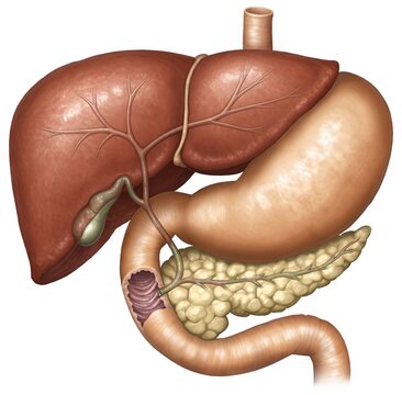 Human Liver Stomach Pancreas And Duodenum Anatomy Illustration Isolated on White Background