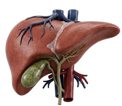 Realistic Human Liver Anatomy Illustration With Gallbladder And Blood Vessels Isolated on White Background