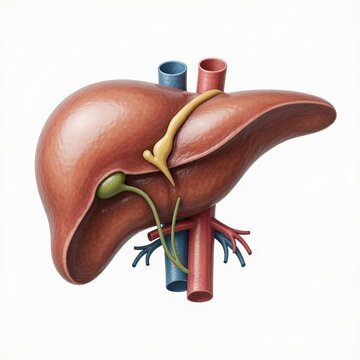 Realistic Human Liver Anatomy Illustration With Gallbladder And Blood Vessels Isolated on White Background