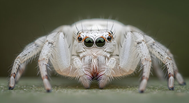 Extreme close up macro shot of a white jumping spider showing detailed eyes and fur
