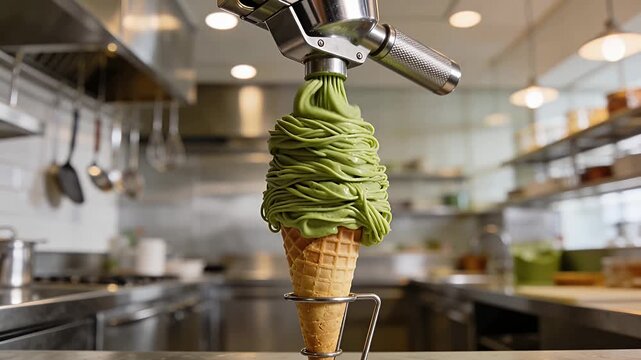 green matcha softserve cone being dispensed in stainless kitchen