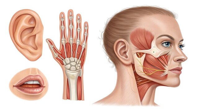 Human body parts anatomy, muscle and skeletal system, face, hand, ear, lips