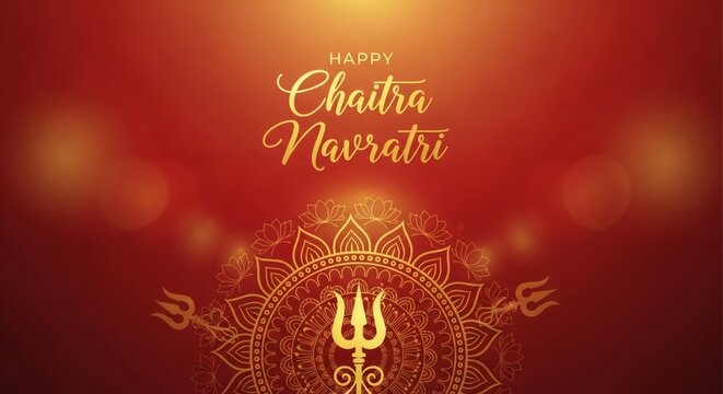 Happy Chaitra Navratri Red Background with Trishul and Mandala