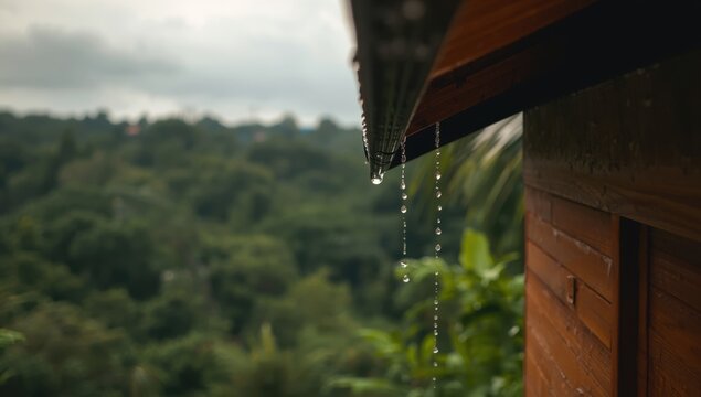 water falling from the house roof edge