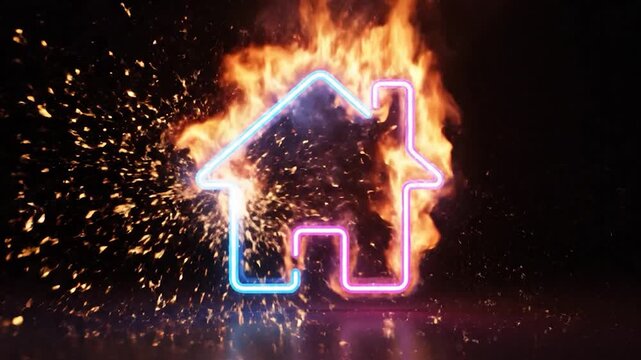 Neon house outline glowing with blue and pink light then engulfed in flames
